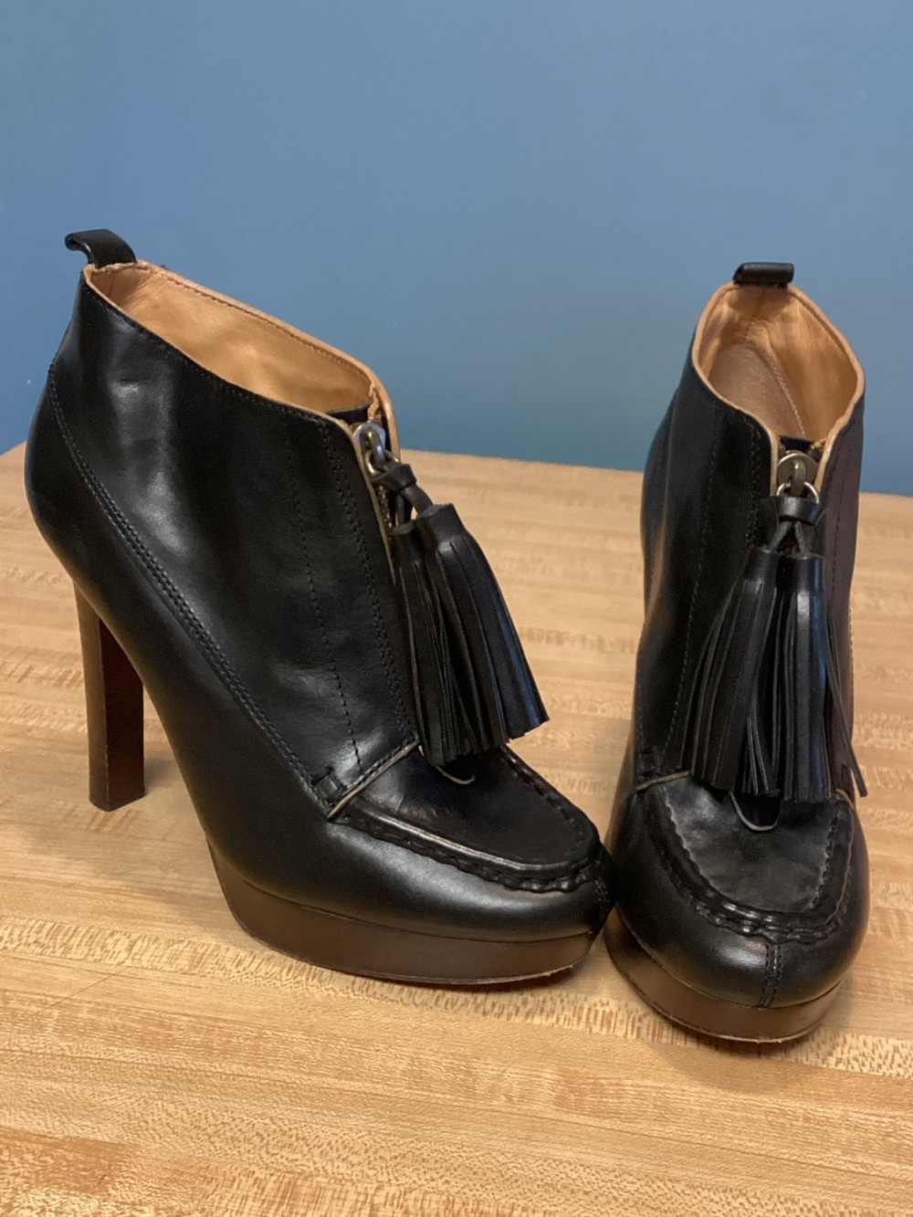 Coach “Cary” Black Leather Stiletto Tassel Platform Booties Sz 7.5 B